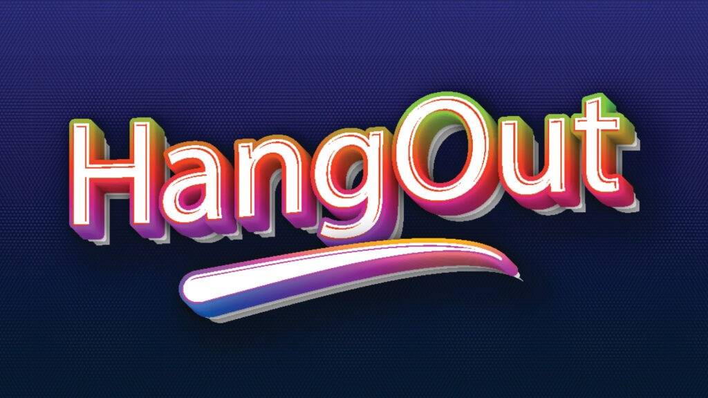 The word "HangOut" rendered in a 3D font with a swoosh below it and in front of a dark blue texture