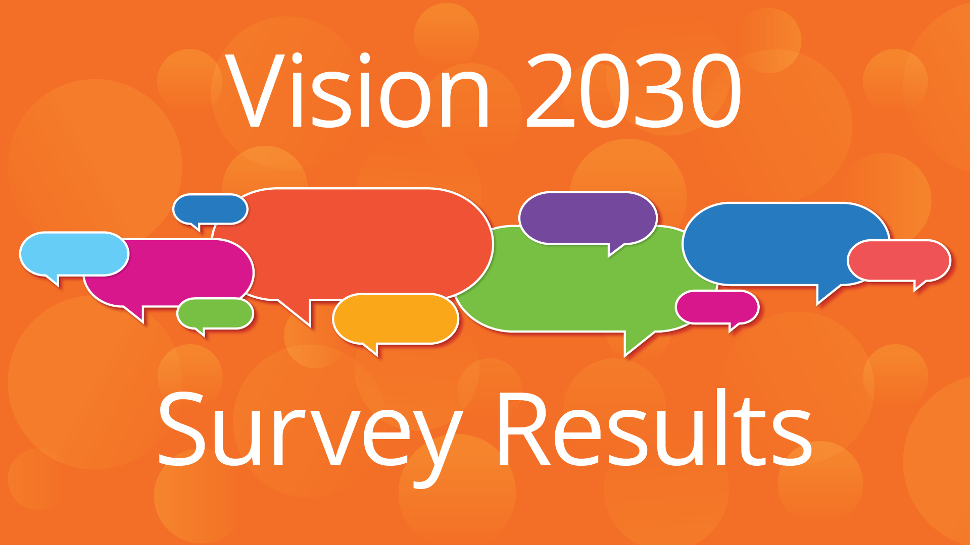 Vision 2030 Survey Results with multiple colored talk balloons on orange background