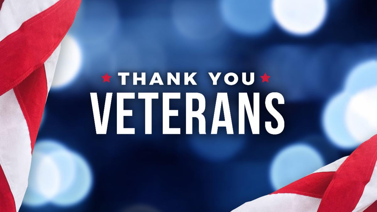 Thank You Veterans, White text on an American Flag Background