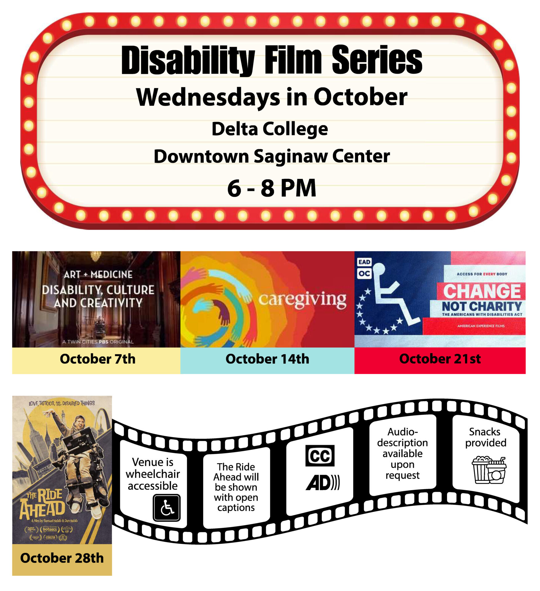 Disability Film series marquis and graphics explained in post